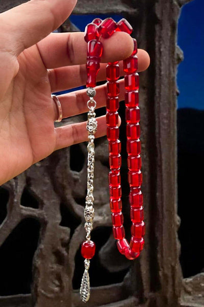 Sertifikalı Usta Işçilikli Sıkma Gümüş Kaplama Koyu Kırmızı Ateş Kehribar Tesbih
