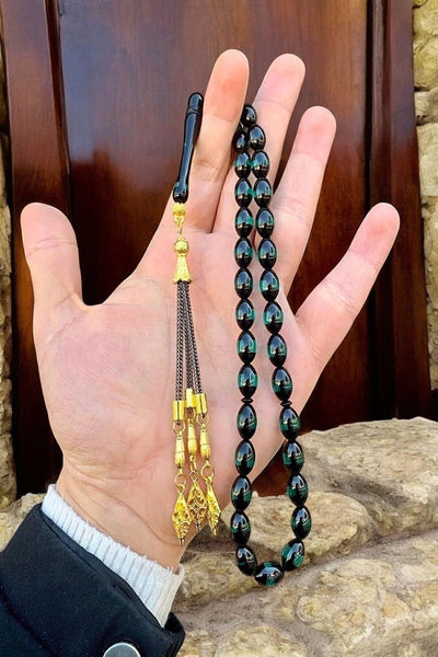 Erkek Sürmeli Hediye Yeşil Toz Kehribar Tesbih