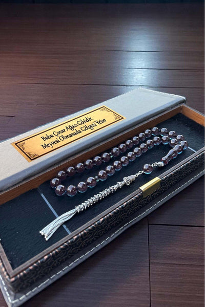 Sertifikalı 925 Ayar Gümüş Püsküllü Premium Üst Kalite Ateş Kehribar Tesbih Kutu Yazılı Babalar Günü